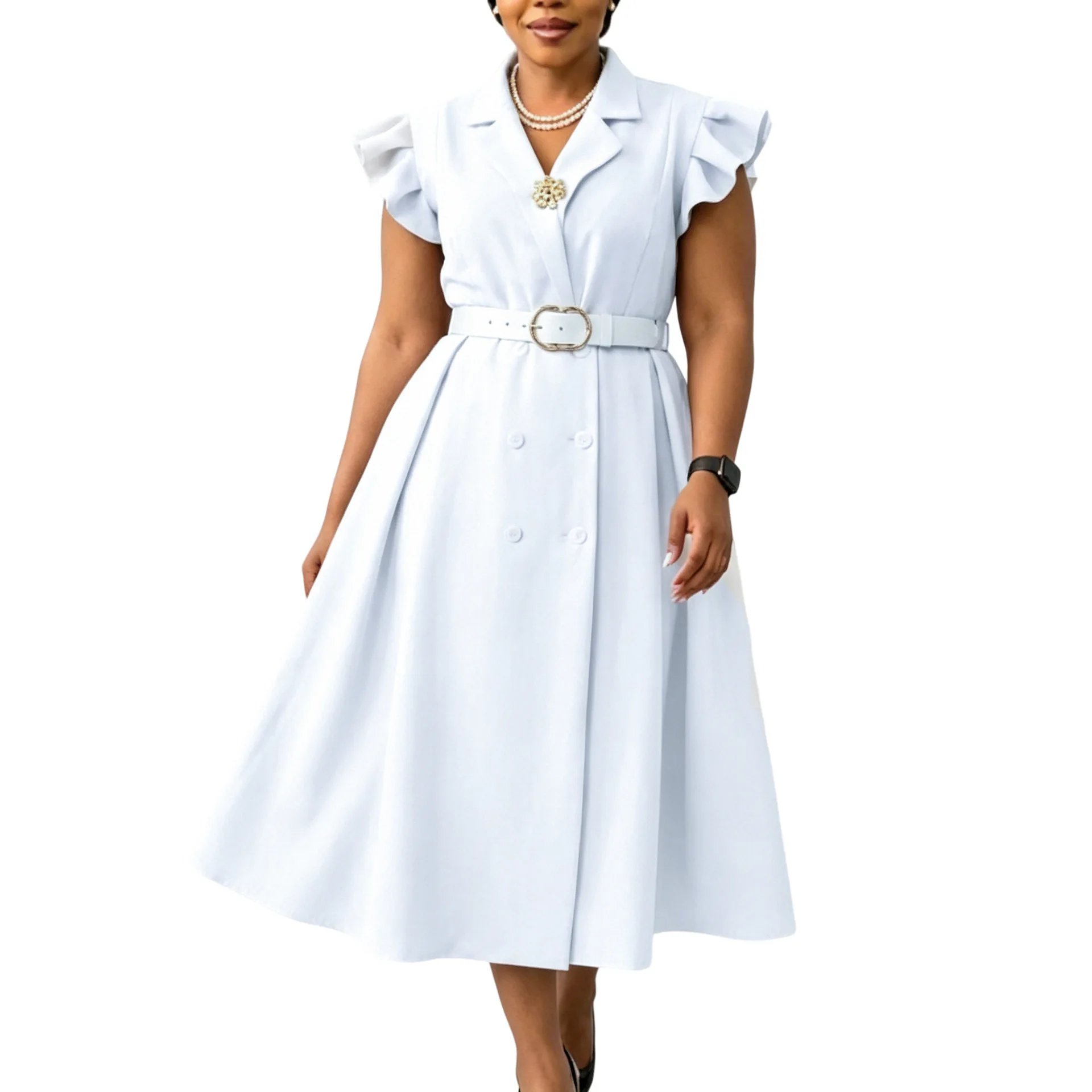 Robe Maxi Élégante Femme C8664 | Col V, Manches à Volants, Ceinture Incluse – Style Africain Bureau