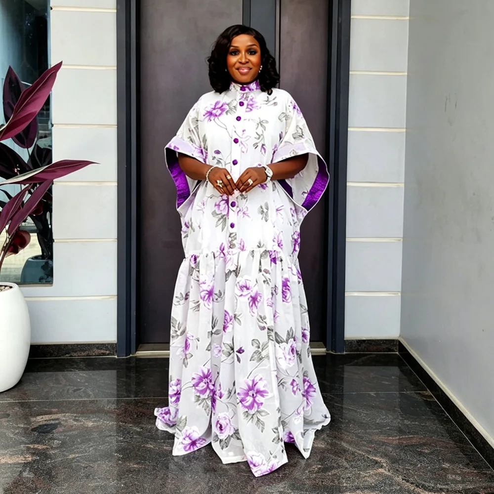 Robe Africaine Grande Taille Femme – Mousseline Imprimée, Manches Chauve-Souris, Longue & Élégante