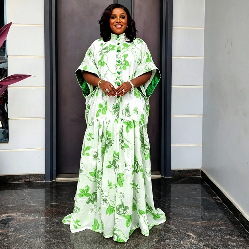 Robe Africaine Grande Taille Femme – Mousseline Imprimée, Manches Chauve-Souris, Longue & Élégante