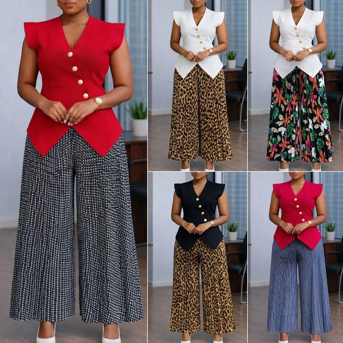 Ensemble 2 pièces femme D632 – Haut col V sans manches & pantalon large imprimé plissé