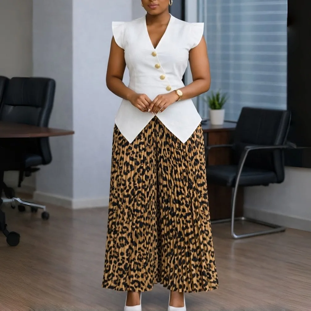 Ensemble 2 pièces femme D632 – Haut col V sans manches & pantalon large imprimé plissé