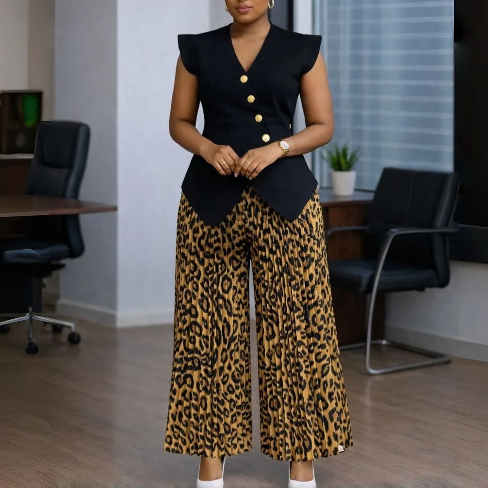 Ensemble 2 pièces femme D632 – Haut col V sans manches & pantalon large imprimé plissé