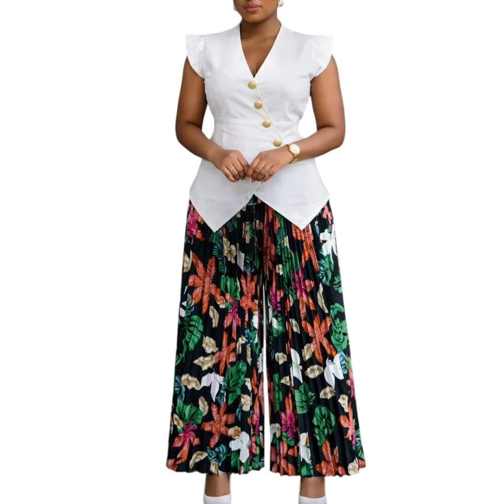 Ensemble 2 pièces femme D632 – Haut col V sans manches & pantalon large imprimé plissé