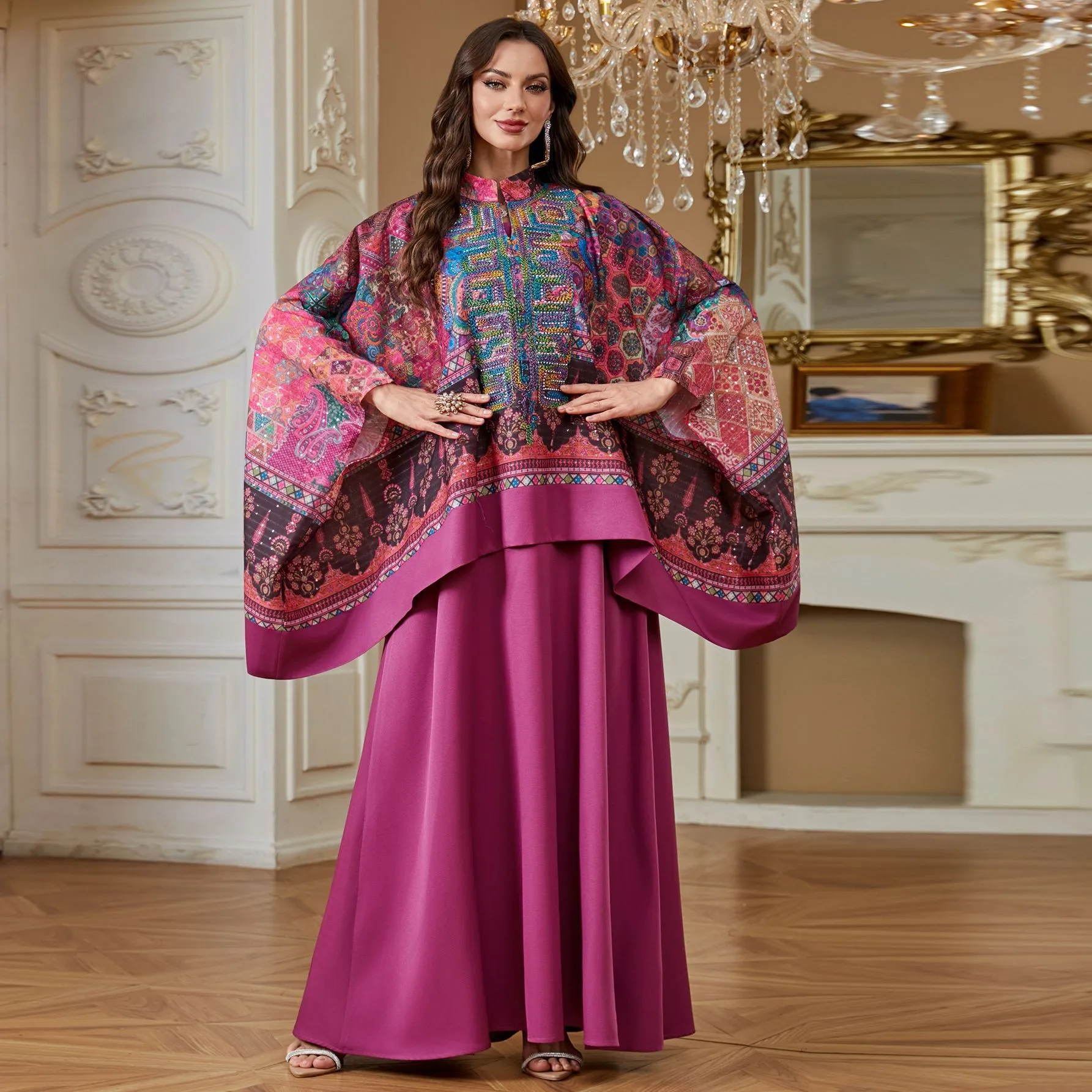 Abaya AB553 Brodée Manches Chauve-Souris + Robe Intérieure – Élégance Islamique