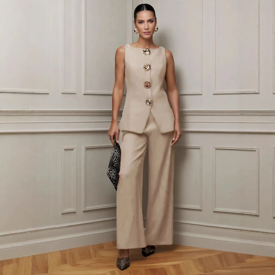 Ensemble 2 Pièces Femme Blazer Sans Manches & Pantalon Large – Boutons Dorés, Style Bureau Chic
