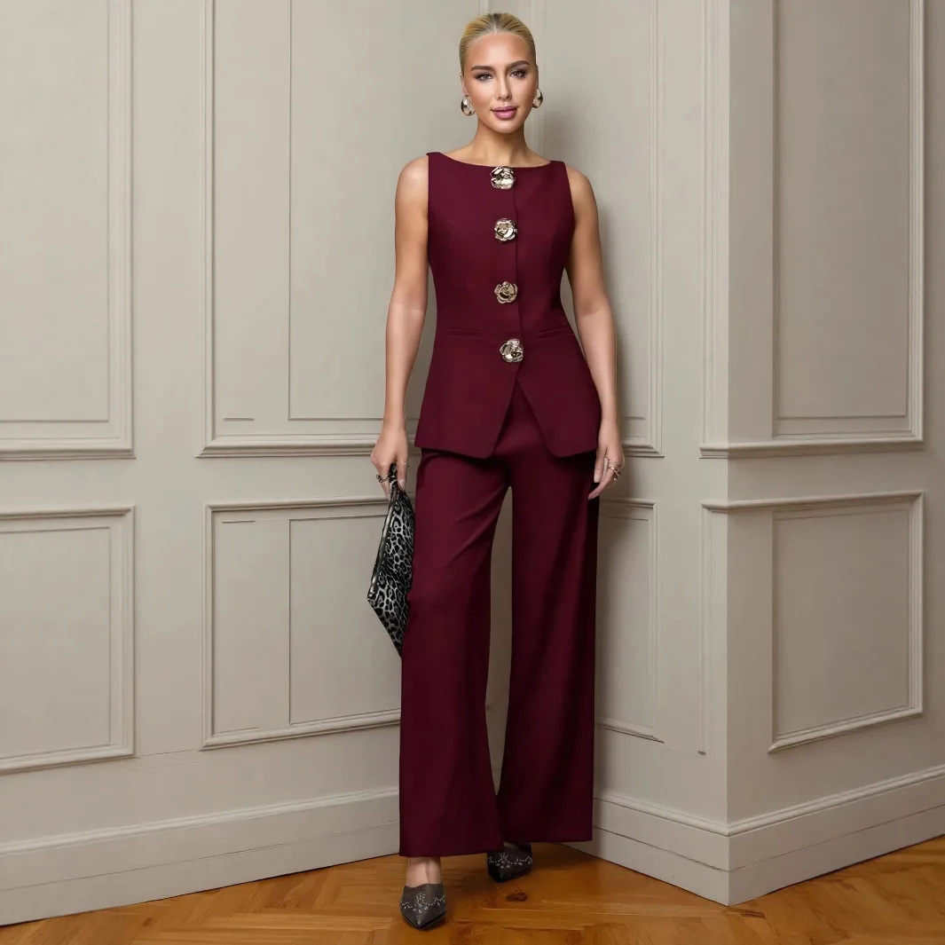 Ensemble 2 Pièces Femme Blazer Sans Manches & Pantalon Large – Boutons Dorés, Style Bureau Chic