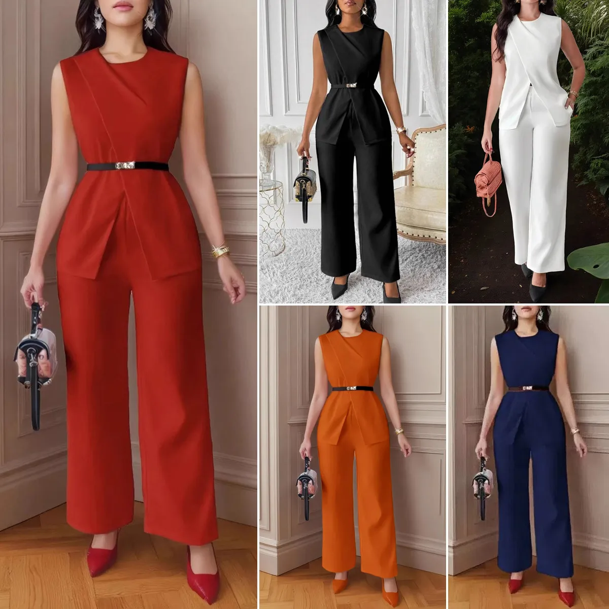 Tailleur 2 pièces femme Y9660 – Haut sans manches & pantalon droit avec ceinture