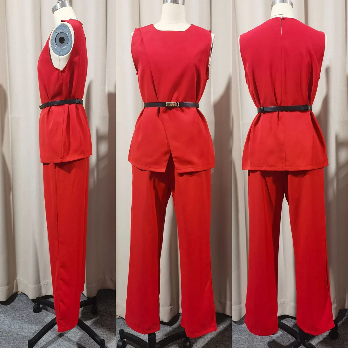 Tailleur 2 pièces femme Y9660 – Haut sans manches & pantalon droit avec ceinture