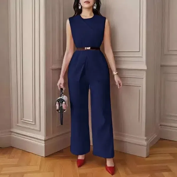 Tailleur 2 pièces femme Y9660 – Haut sans manches & pantalon droit avec ceinture