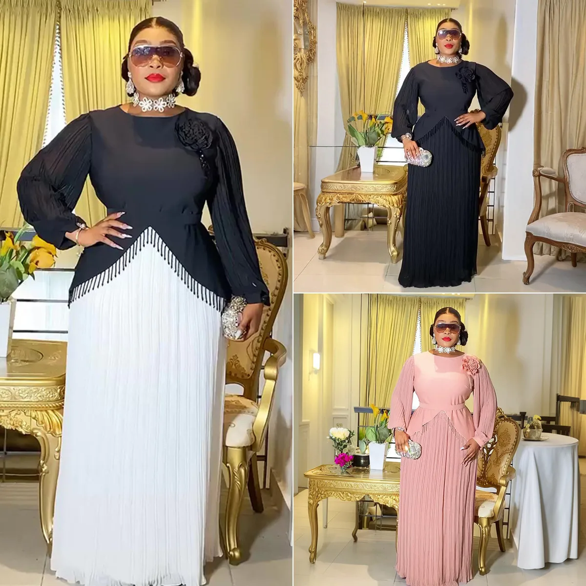 Robe Longue Élégante S10718 – Manches Lanterne, Col Rond, Plissée & Fleurie
