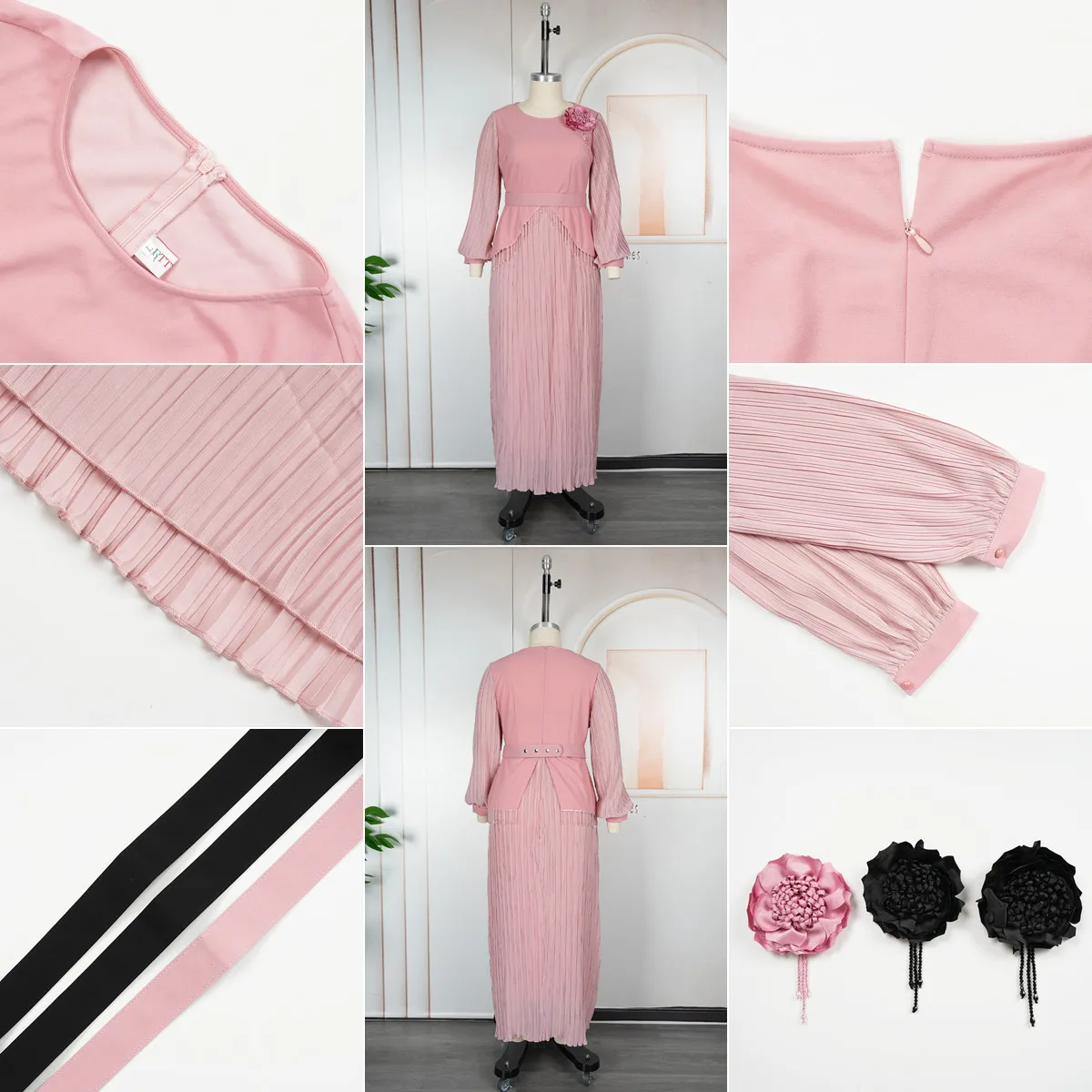 Robe Longue Élégante S10718 – Manches Lanterne, Col Rond, Plissée & Fleurie