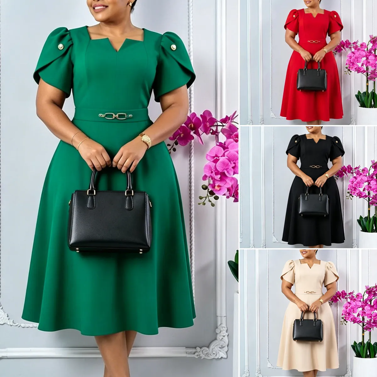 Robe Midi Élégante Col V Asymétrique – Coupe A-Line Taille Haute, Décontractée & Formelle