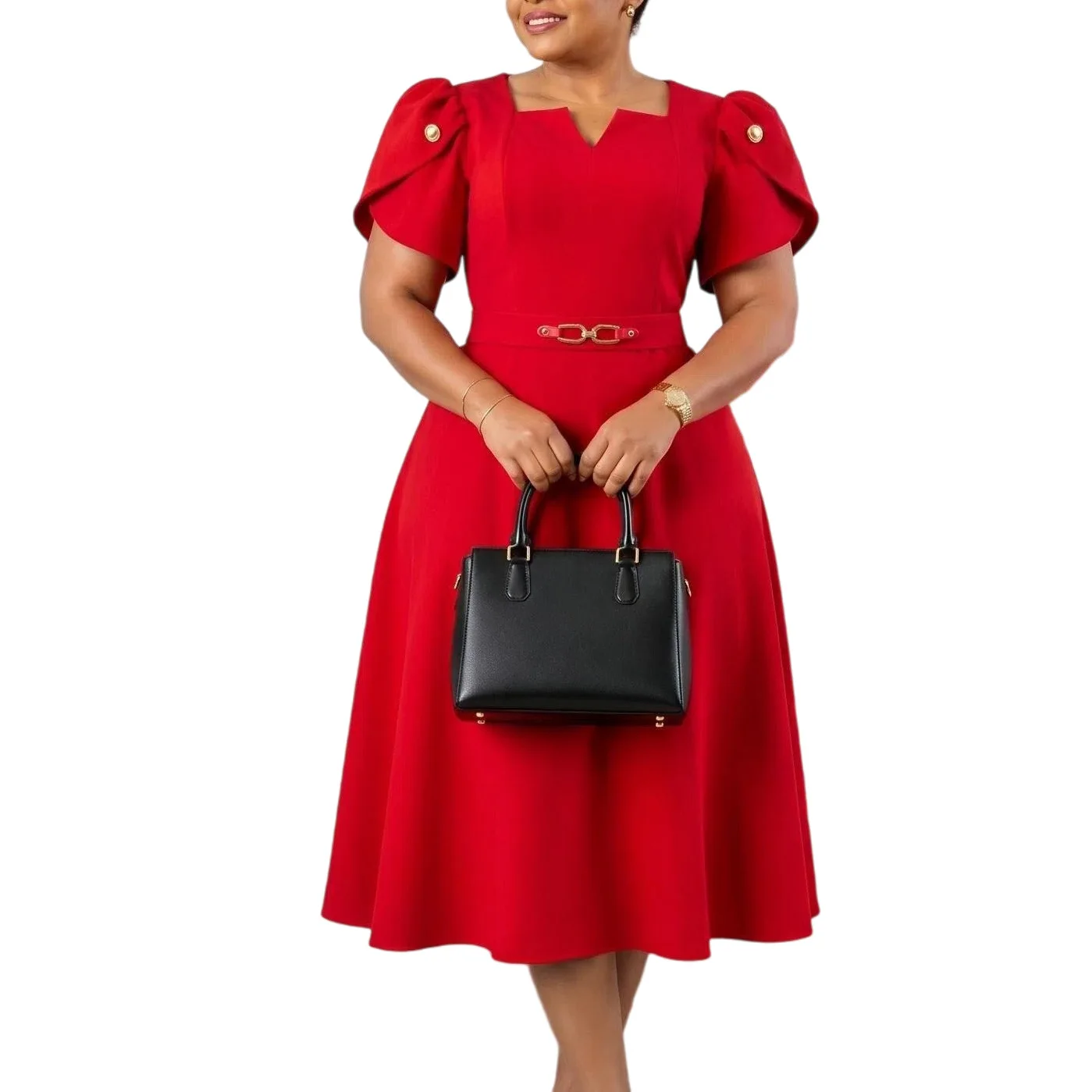 Robe Midi Élégante Col V Asymétrique – Coupe A-Line Taille Haute, Décontractée & Formelle
