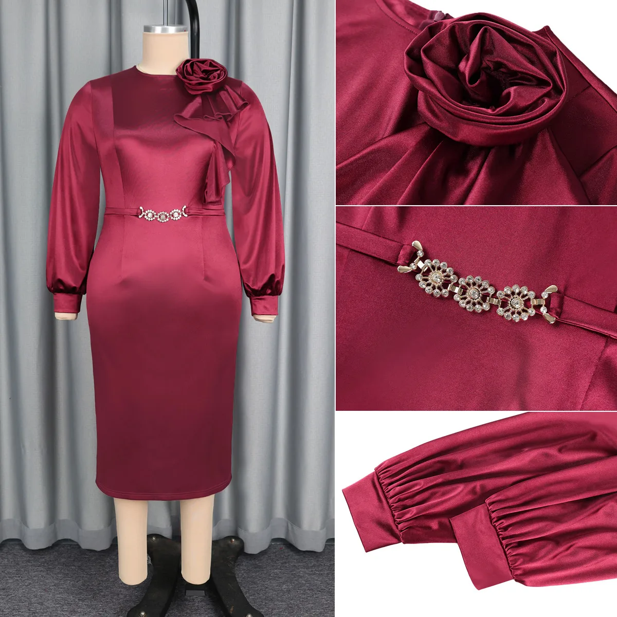 Robe Midi Élégante Manches Lanterne Fleurs 3D & Ceinture Strass – Satin Femme