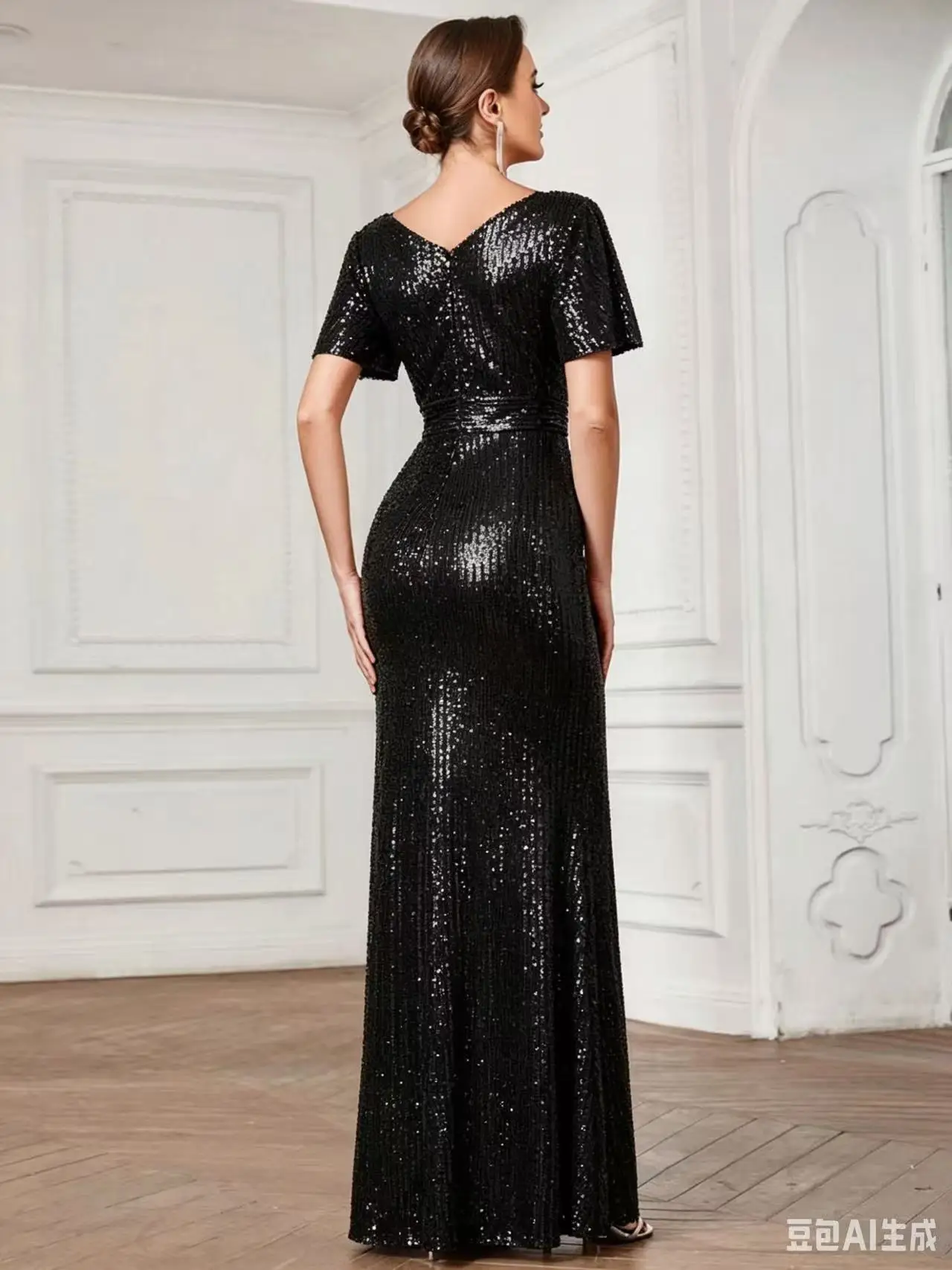 Robe Sirène de Soirée à Paillettes RY2301 – Col V, Manches Courtes, Longueur Sol