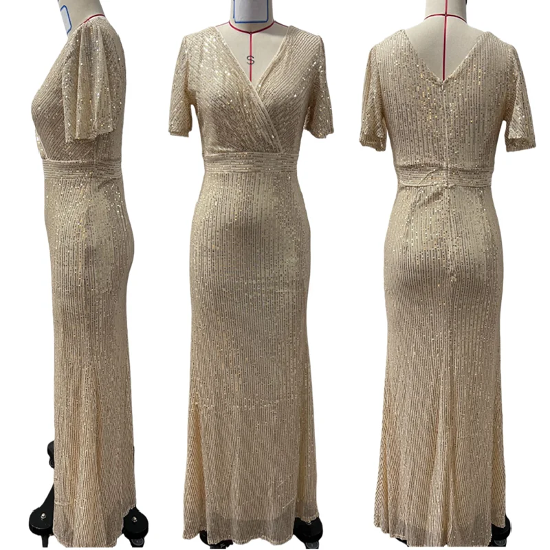 Robe Sirène de Soirée à Paillettes RY2301 – Col V, Manches Courtes, Longueur Sol