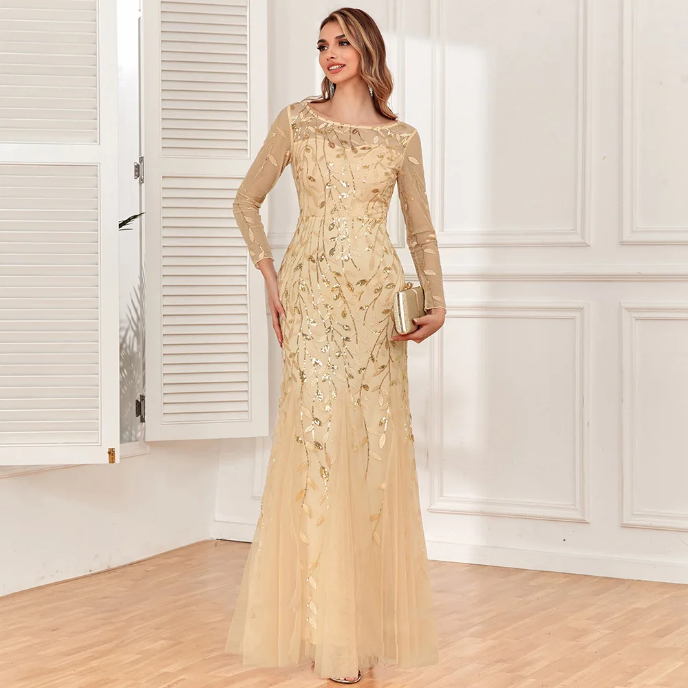 Robe Sirène Luxe à Sequins – Maille Élégante Manches Longues Col Rond | Soirée & Banquet