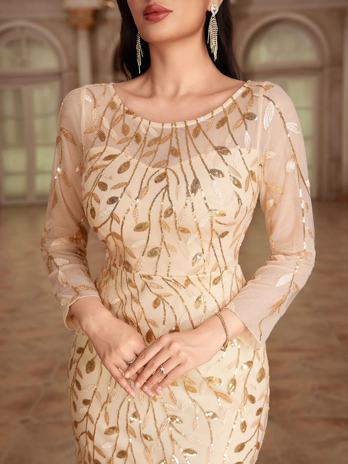 Robe Sirène Luxe à Sequins – Maille Élégante Manches Longues Col Rond | Soirée & Banquet