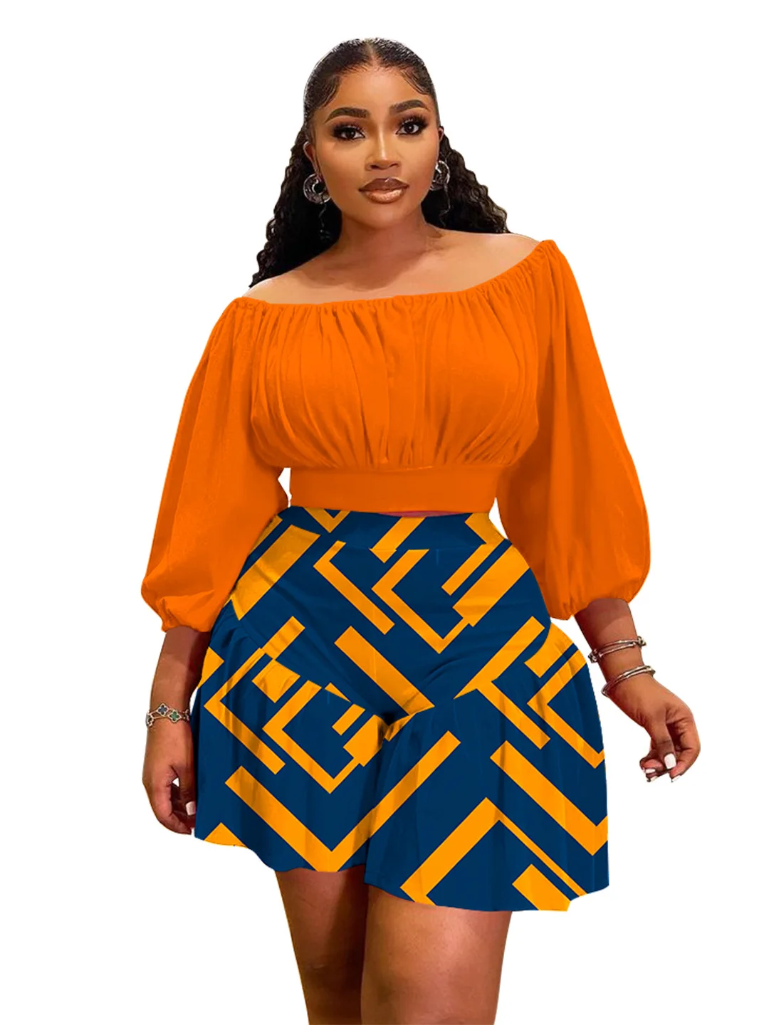 Ensemble 2 pièces femme N8080 – T-shirt à ruchés & short imprimé grande taille