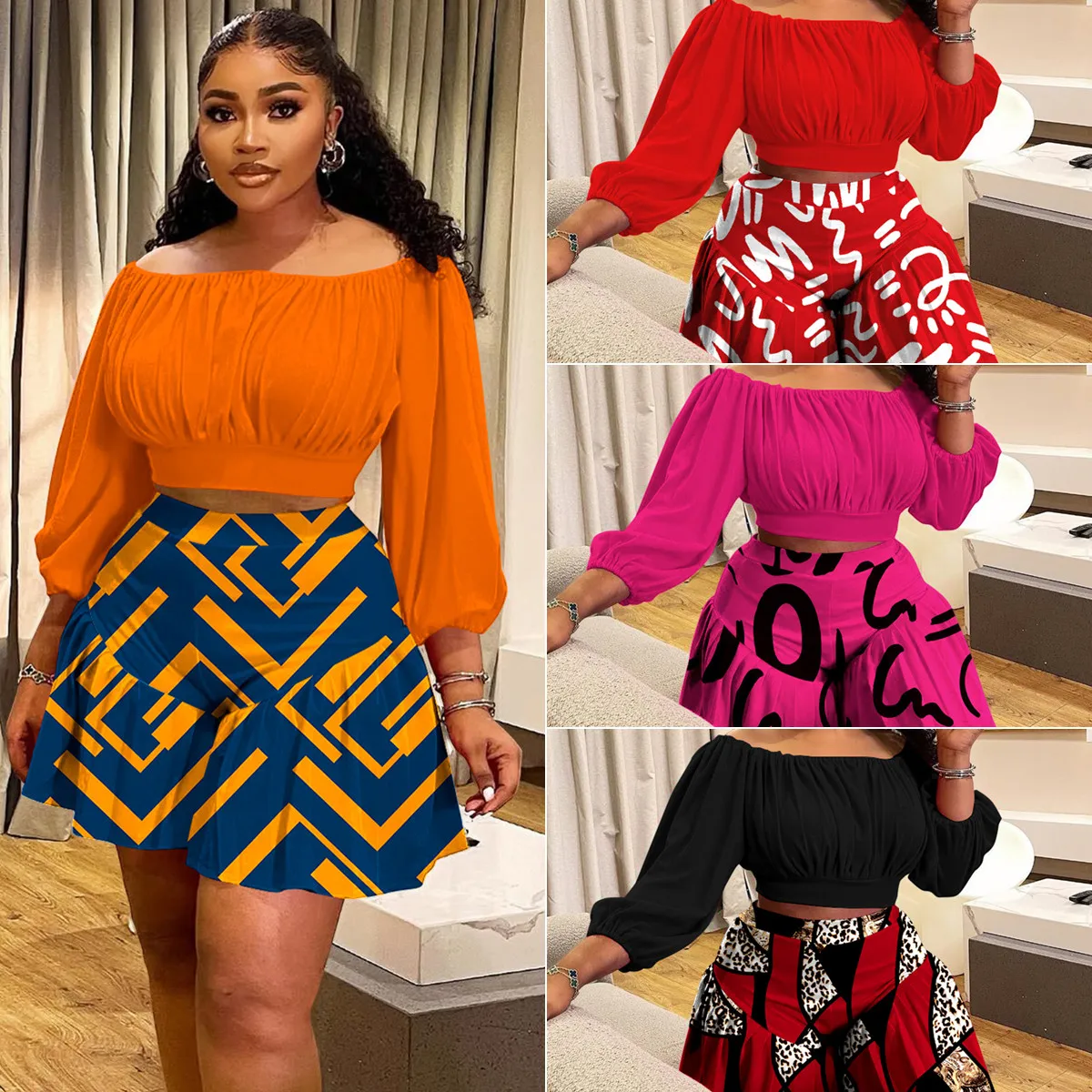 Ensemble 2 pièces femme N8080 – T-shirt à ruchés & short imprimé grande taille