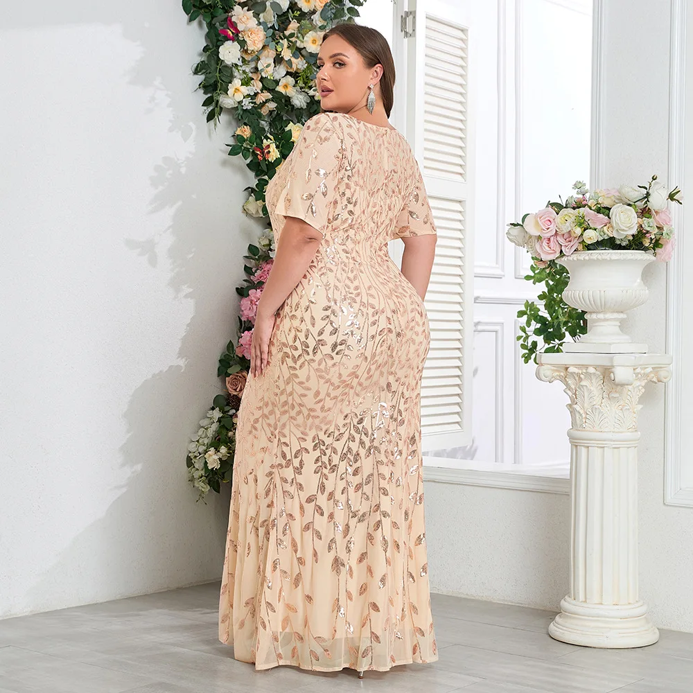 Robe Sirène Pailletée Luxueuse Grande Taille – Soirée & Fête, Manches Courtes, Col Rond
