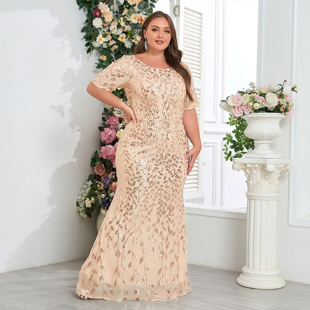 Robe Sirène Pailletée Luxueuse Grande Taille – Soirée & Fête, Manches Courtes, Col Rond