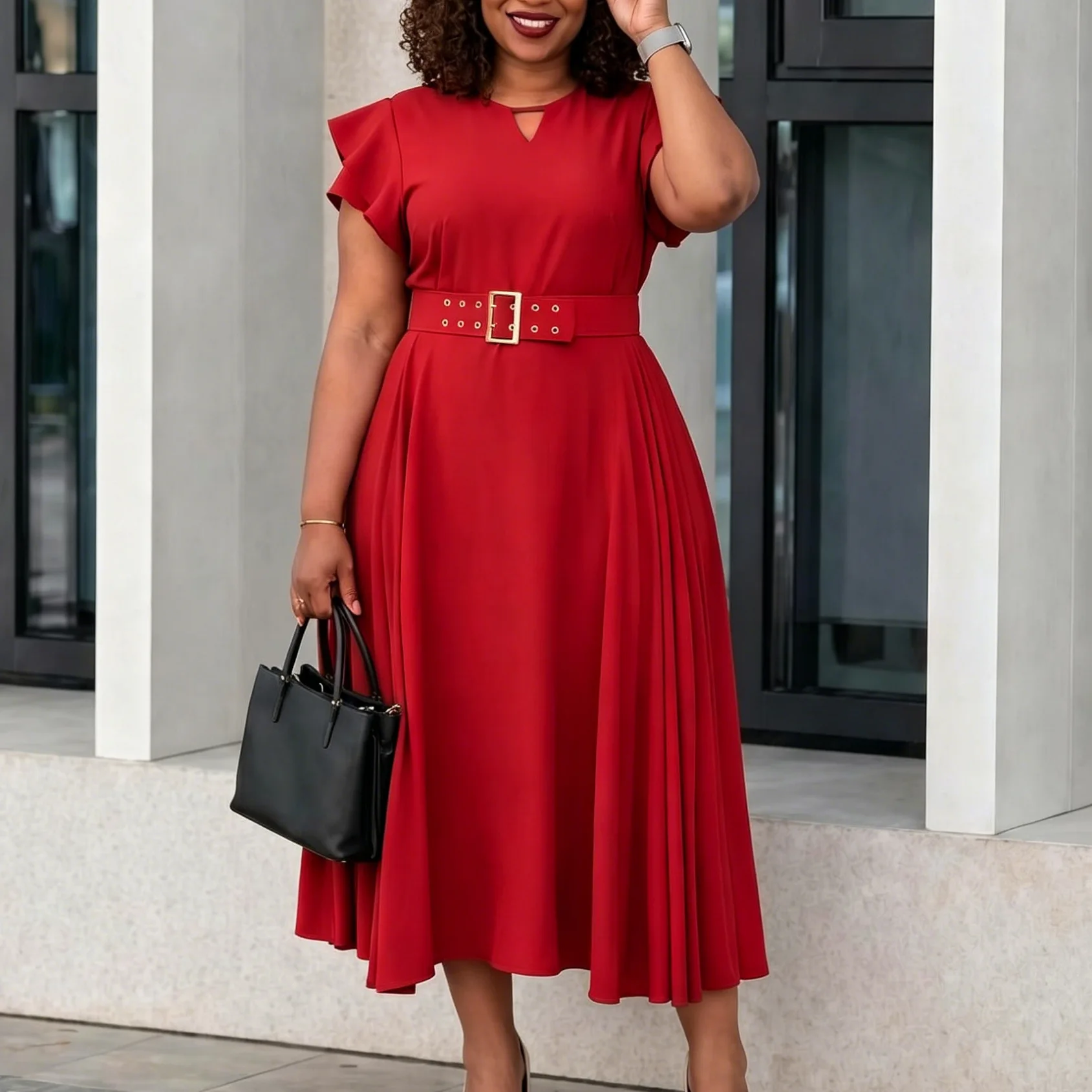 Robe longue plissée à volants D629 – Taille haute, manches courtes, style élégant & décontracté