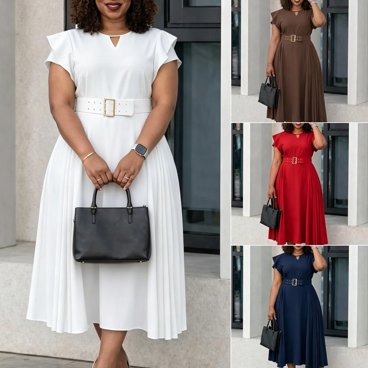 Robe longue plissée à volants D629 – Taille haute, manches courtes, style élégant & décontracté