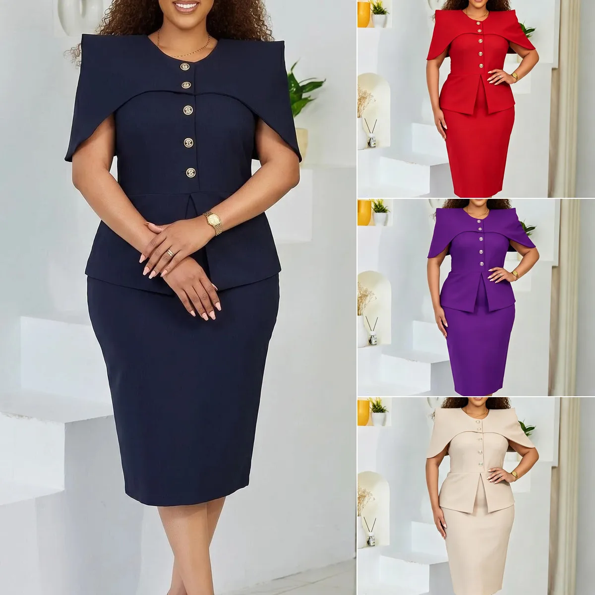 Robe Bureau Femme Style Cape Effet Deux Pièces | Col Rond Taille Haute Midi Élégante