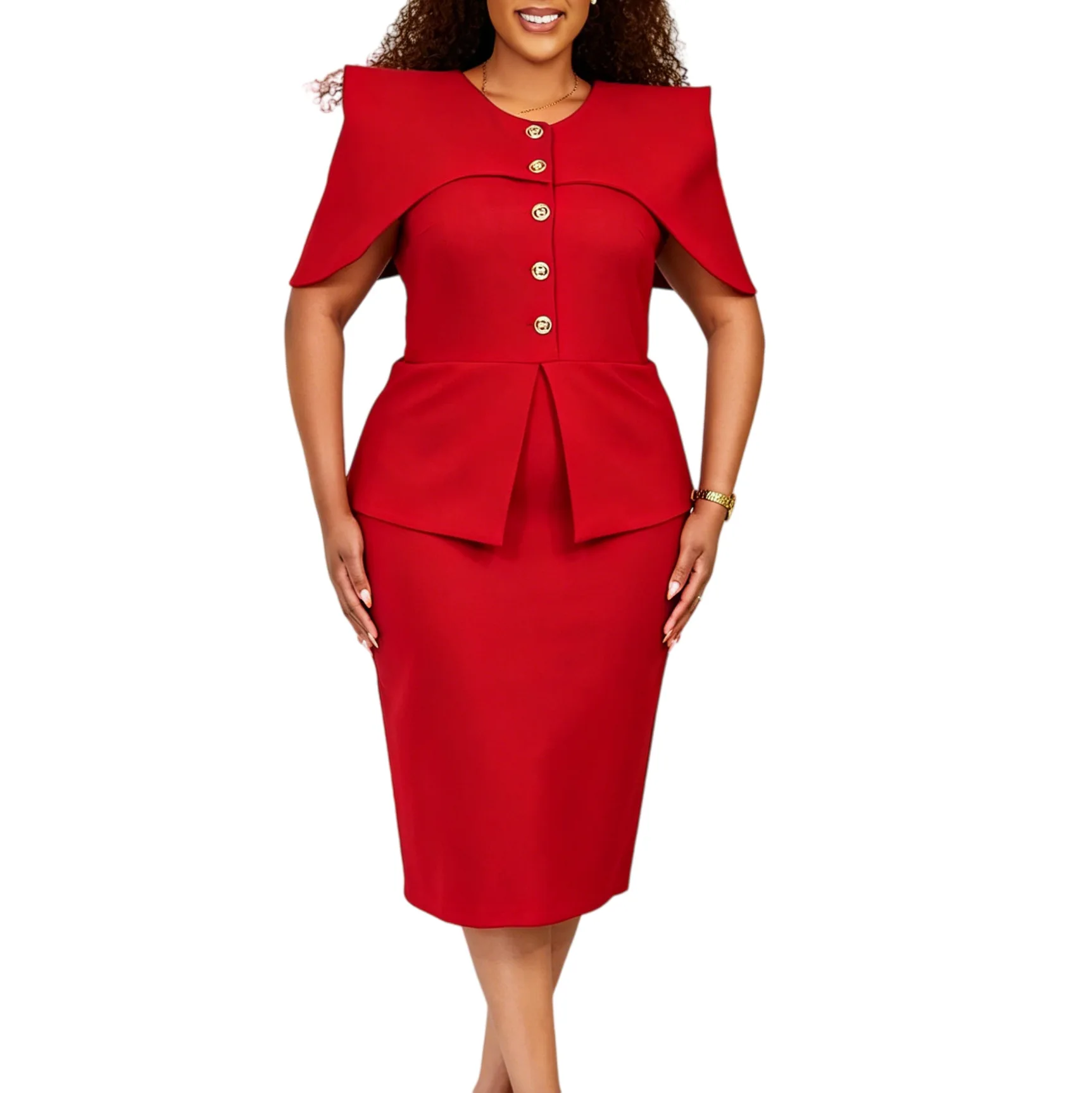 Robe Bureau Femme Style Cape Effet Deux Pièces | Col Rond Taille Haute Midi Élégante