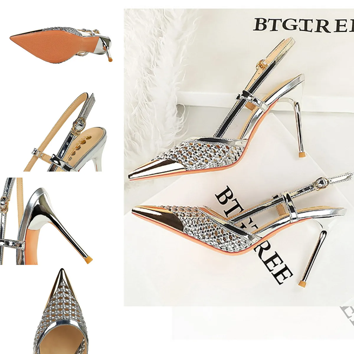 Sandales à talons aiguilles ajourées tressées bout pointu métal – Style soirée tendance