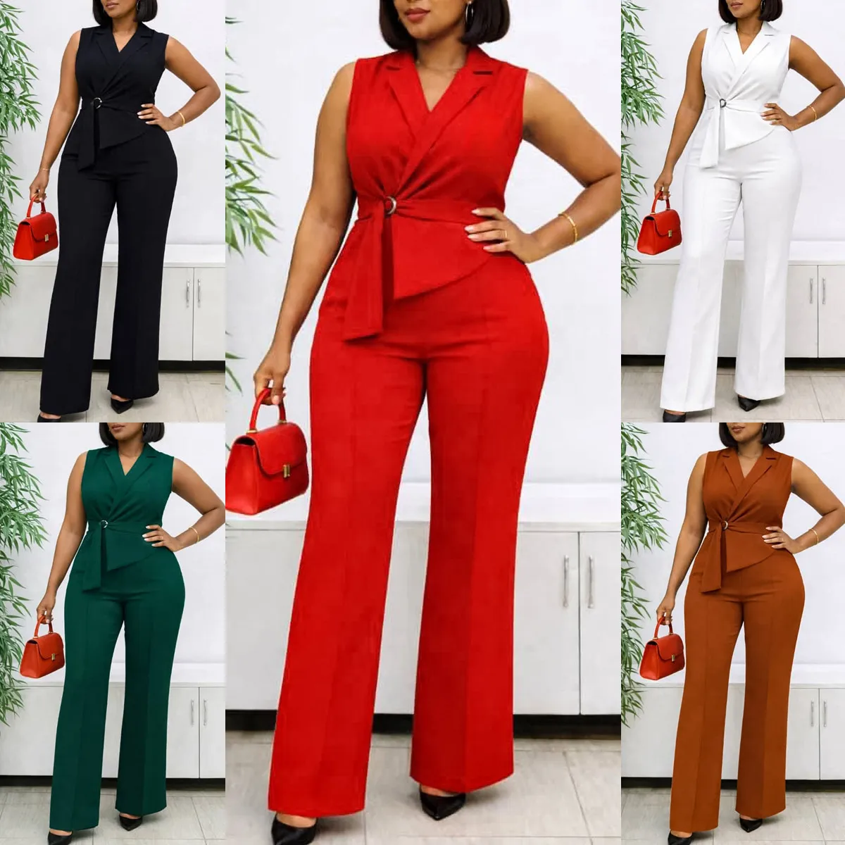 Combinaison femme élégante sans manches col V, jambes larges, taille haute – Collection Été