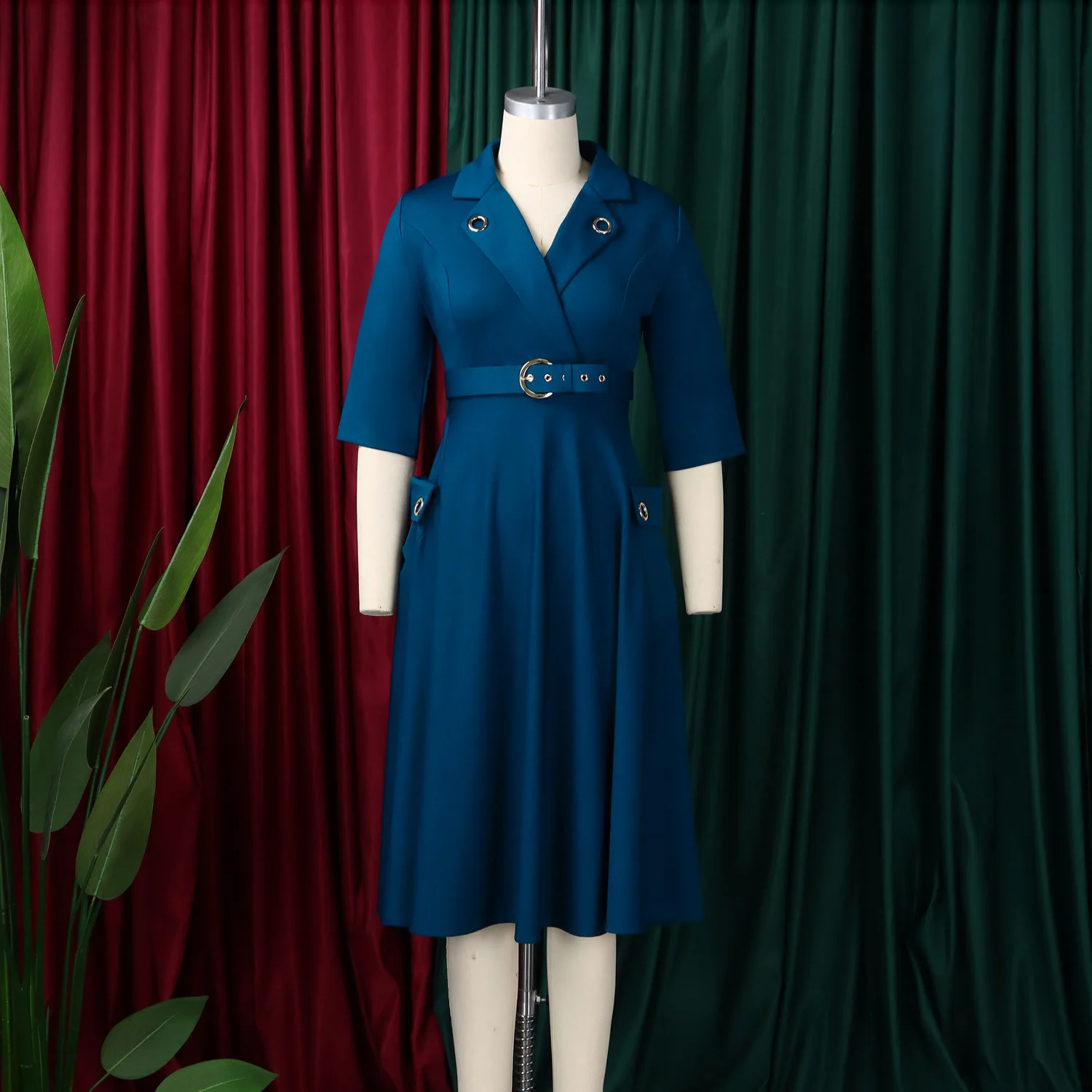 Robe de travail élégante col V manches mi-longues – Ligne A empire, toutes saisons D3341