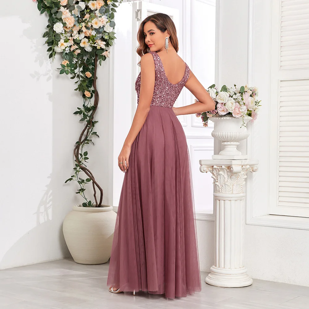 Robe de soirée longue à sequins col en V – Élégante & Glamour TW00156