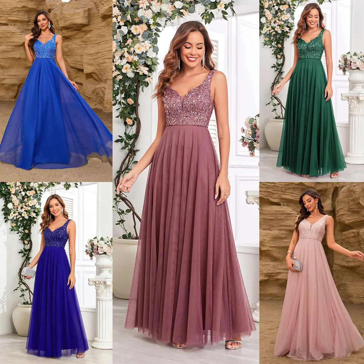 Robe de soirée longue à sequins col en V – Élégante & Glamour TW00156