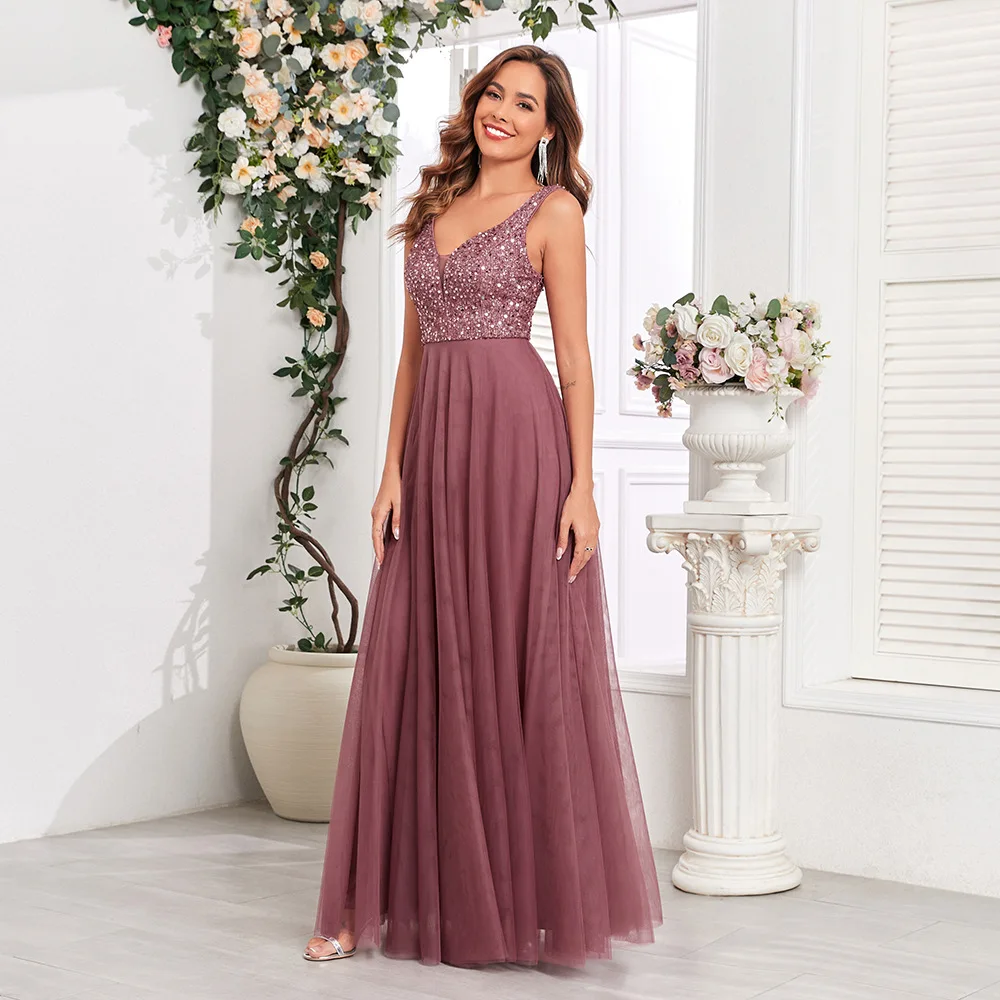 Robe de soirée longue à sequins col en V – Élégante & Glamour TW00156