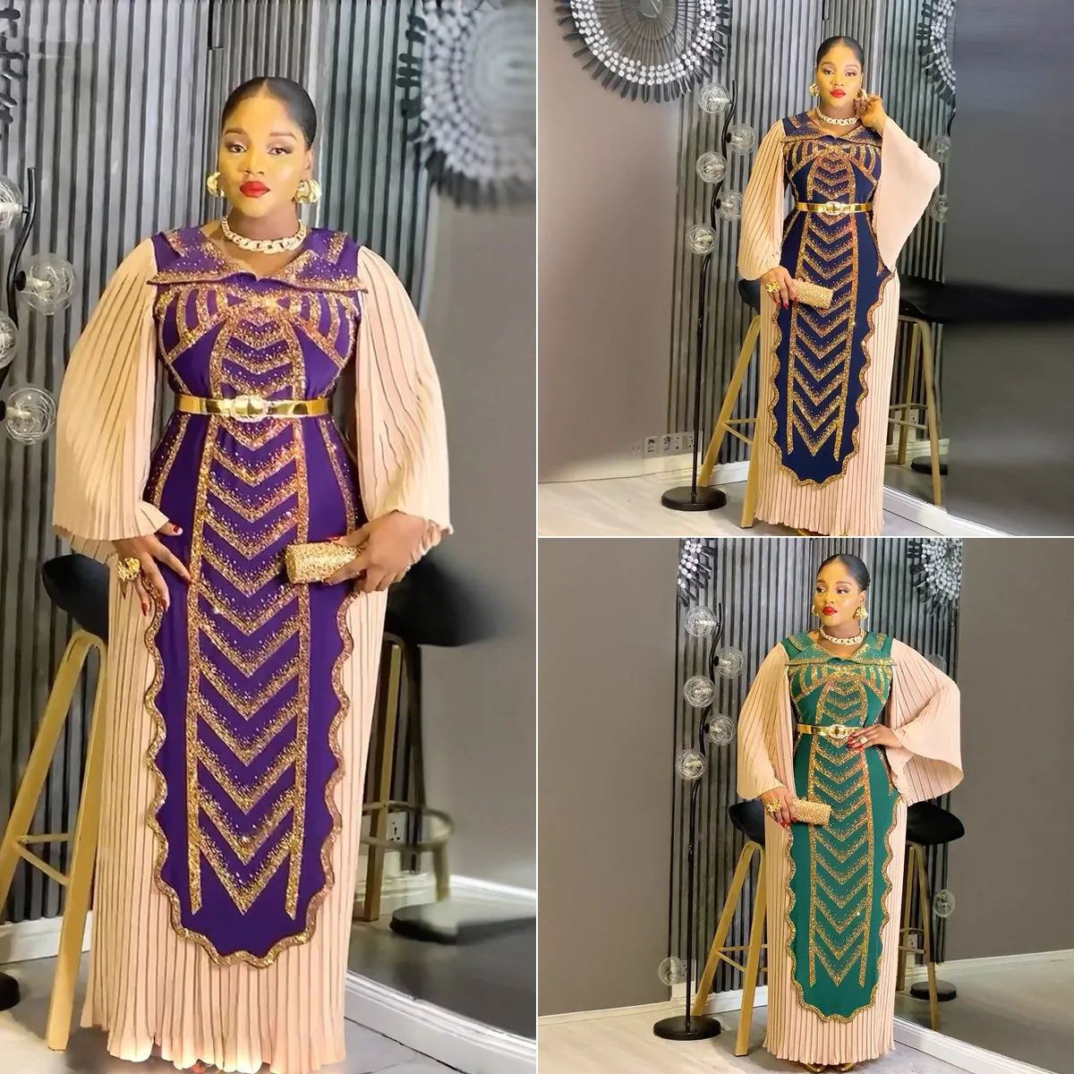 Robe de soirée africaine S10961 – Col V, Strass & Plissé, Maxi Luxe