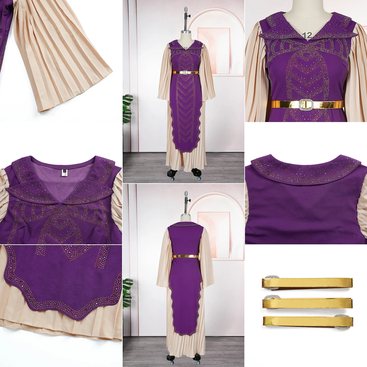 Robe de soirée africaine S10961 – Col V, Strass & Plissé, Maxi Luxe
