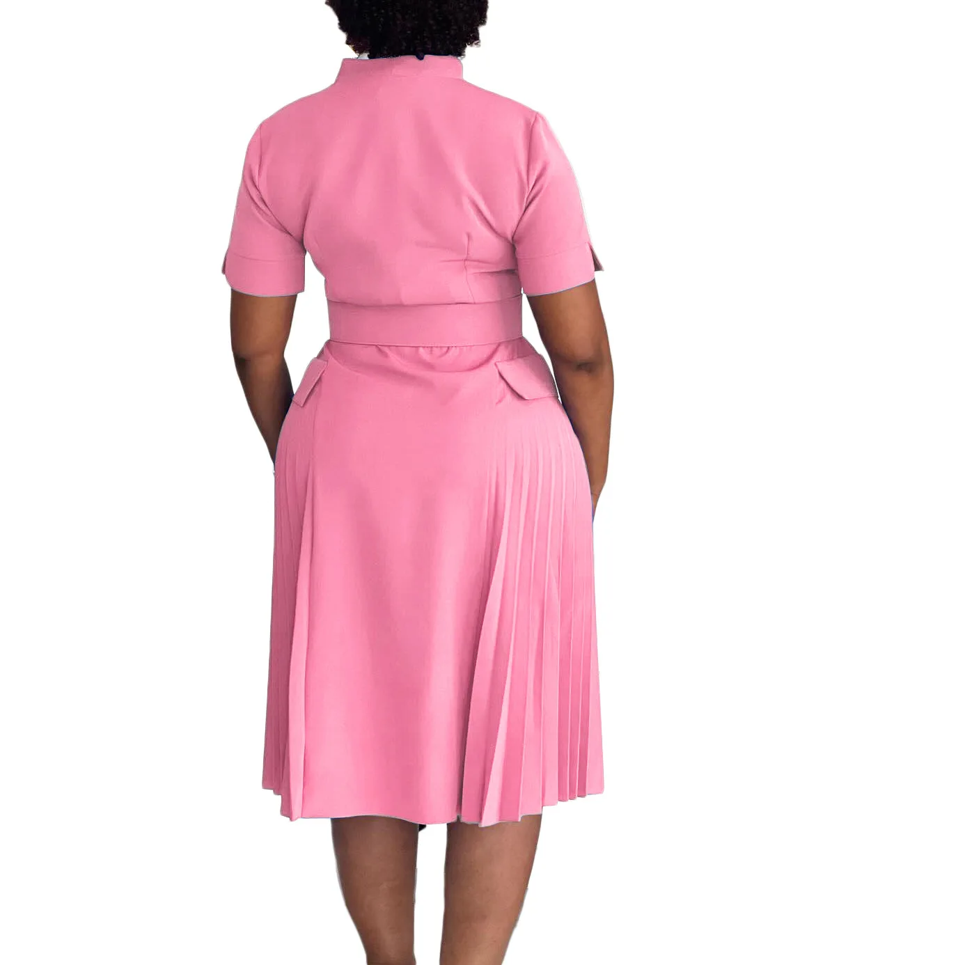 Robe Midi Élégante Col V Plissée – Style Bureau & Décontracté pour Femme
