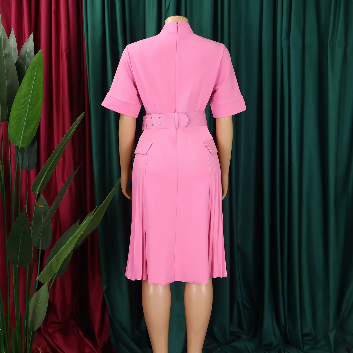 Robe Midi Élégante Col V Plissée – Style Bureau & Décontracté pour Femme