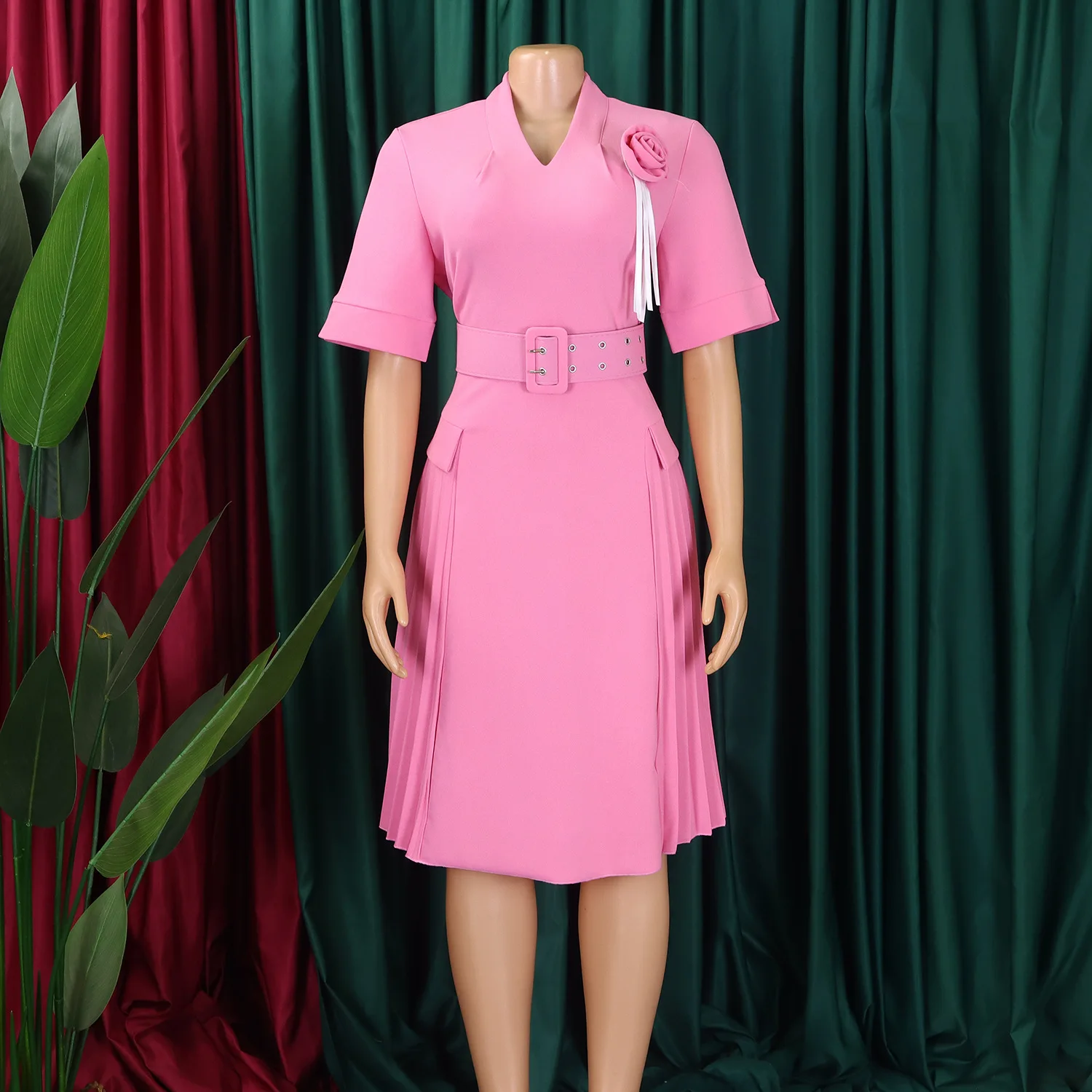 Robe Midi Élégante Col V Plissée – Style Bureau & Décontracté pour Femme