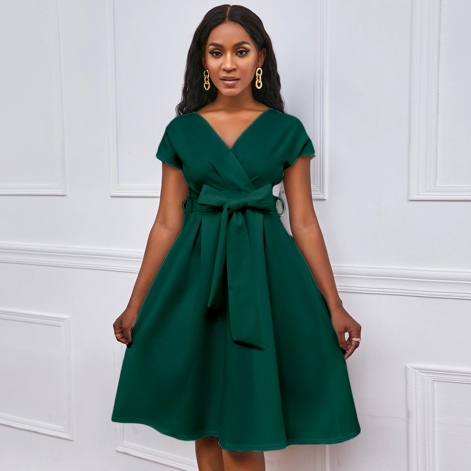 Robe Élégante Femme Col V Nœud Bandage Coupe A-Line Manches Courtes – Style Bureau & Soirée