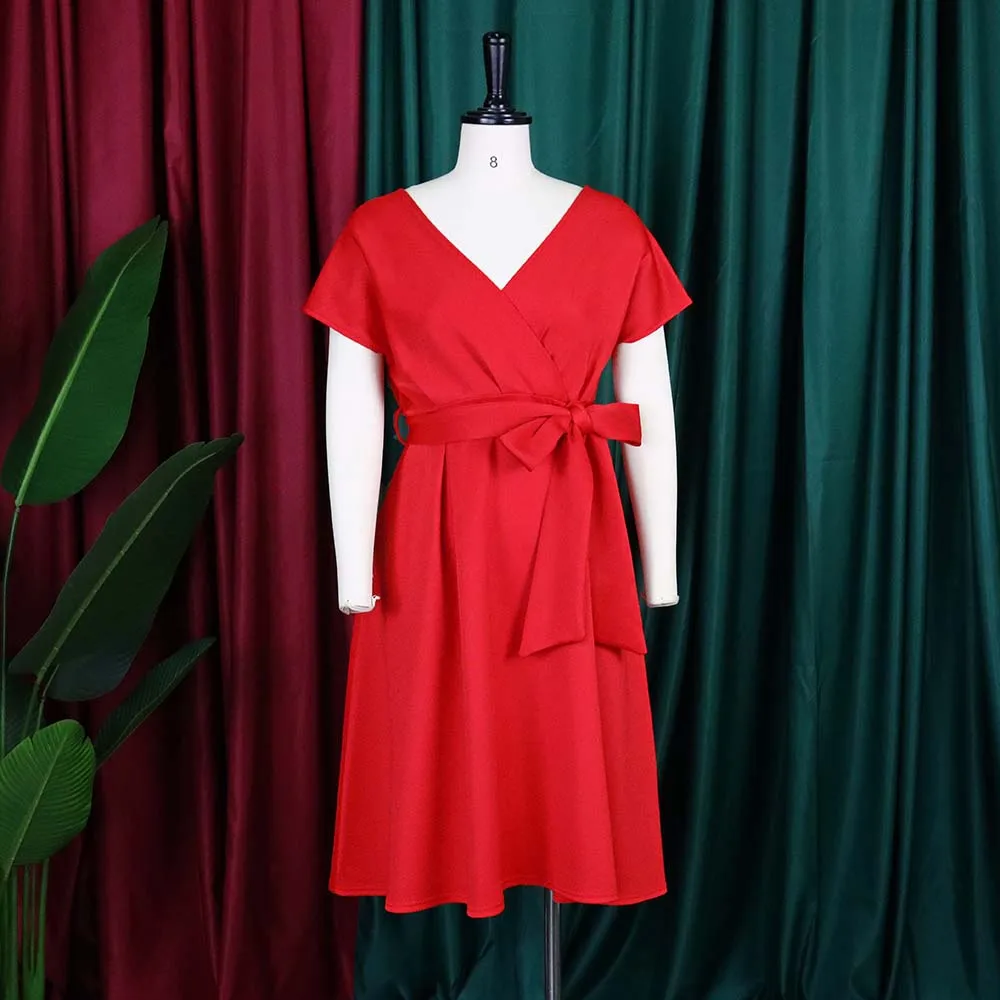 Robe Élégante Femme Col V Nœud Bandage Coupe A-Line Manches Courtes – Style Bureau & Soirée
