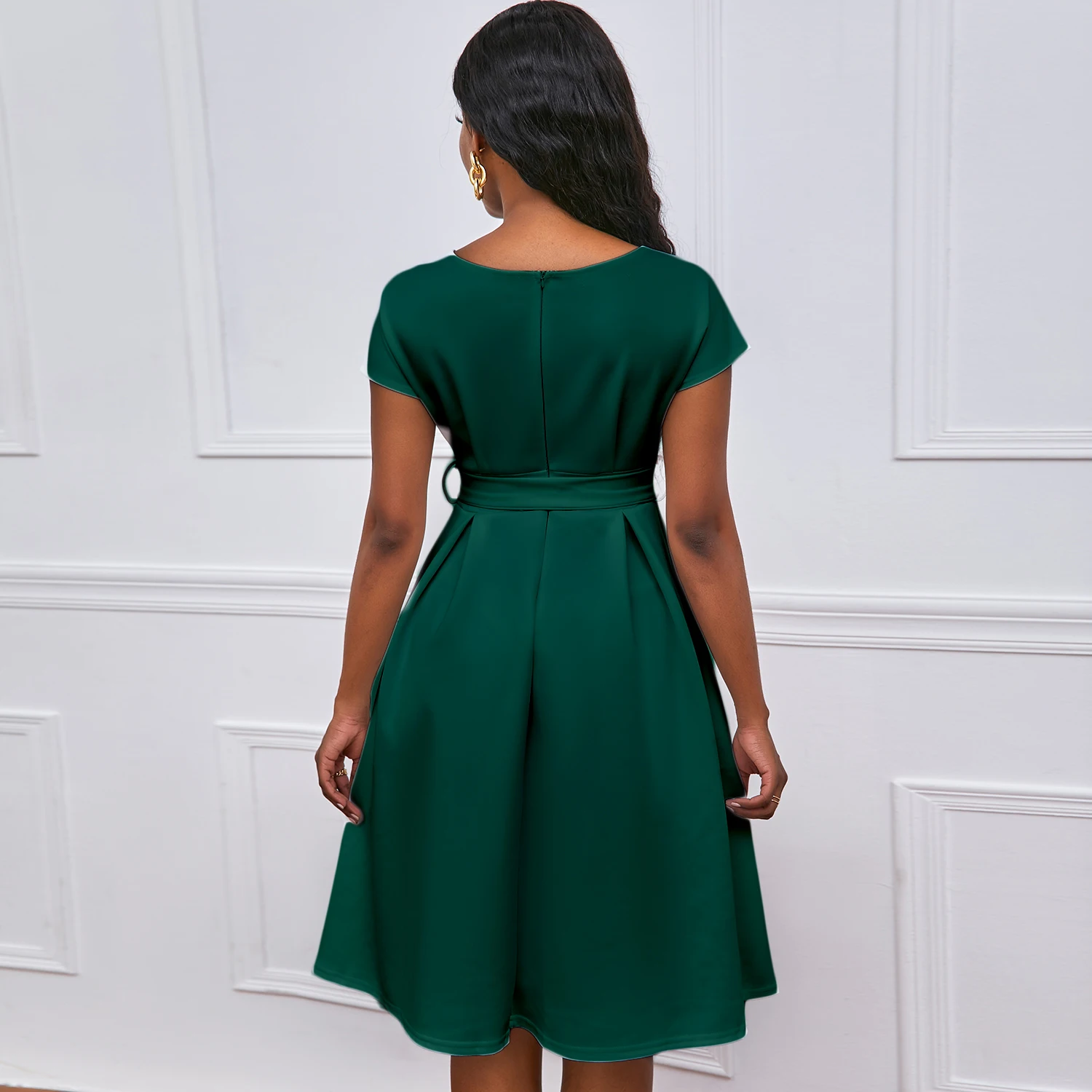 Robe Élégante Femme Col V Nœud Bandage Coupe A-Line Manches Courtes – Style Bureau & Soirée