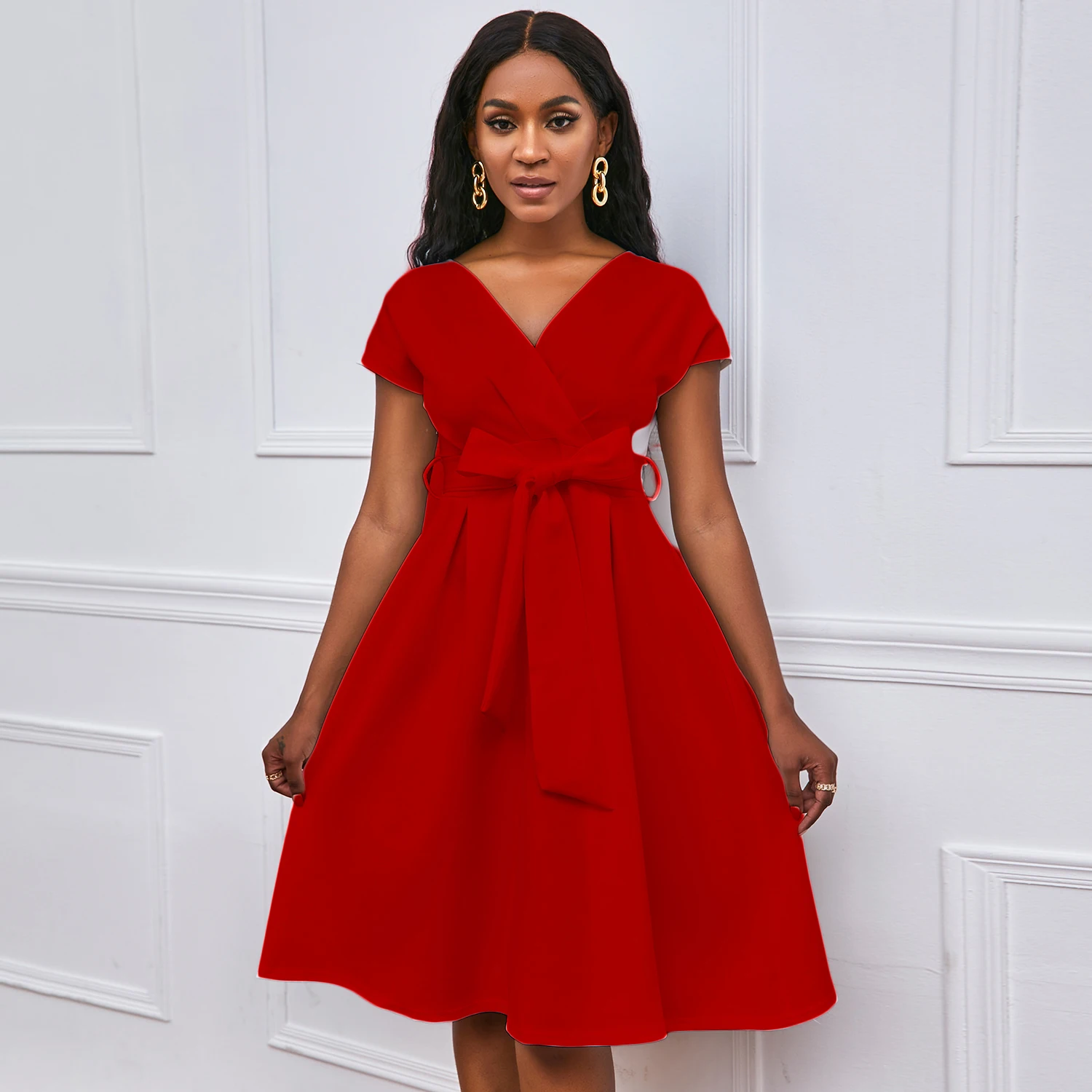 Robe Élégante Femme Col V Nœud Bandage Coupe A-Line Manches Courtes – Style Bureau & Soirée
