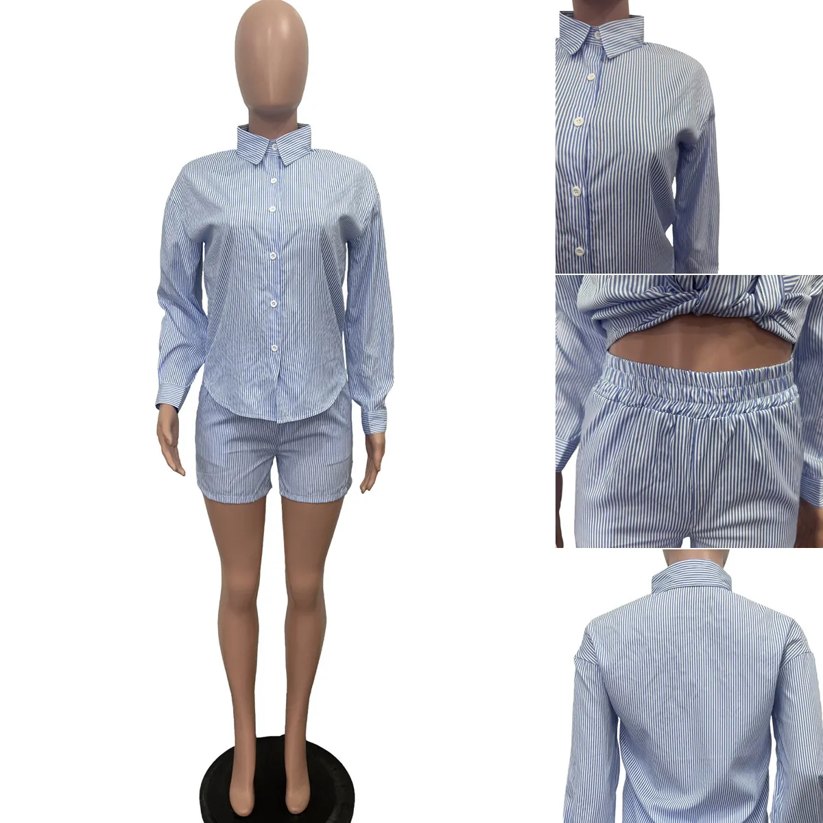 Ensemble 2 pièces femme BN340 – Chemise rayée manches longues & short d'été