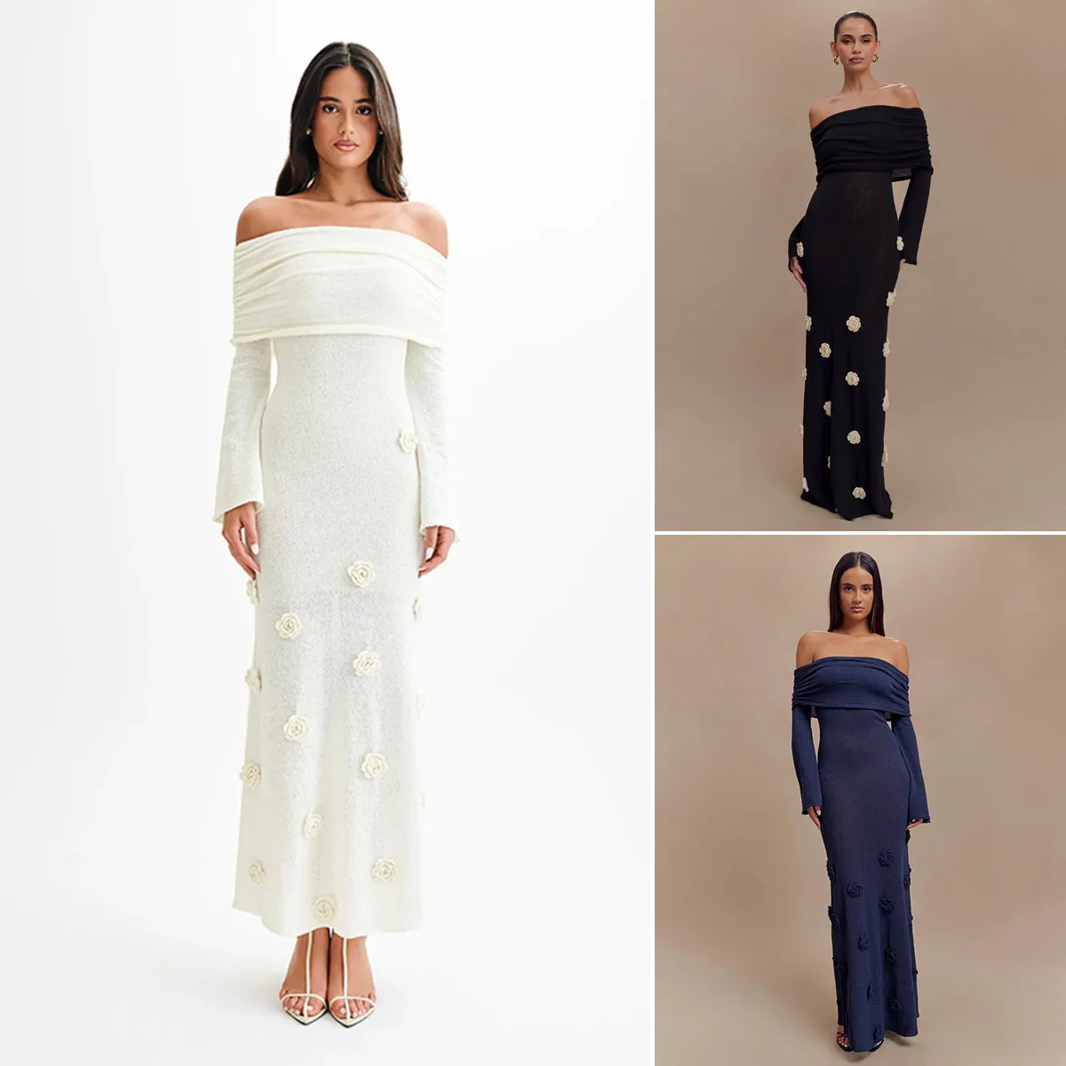 Robe Maxi Épaule Dénudée D8732 – Fleurs 3D Élégantes | Tricot Stretch Femme