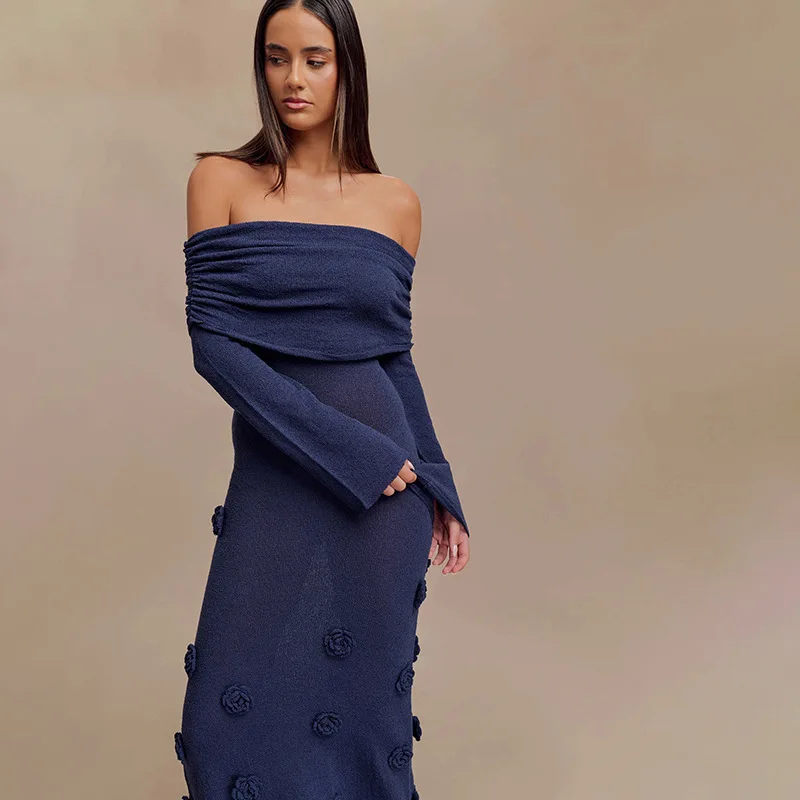 Robe Maxi Épaule Dénudée D8732 – Fleurs 3D Élégantes | Tricot Stretch Femme