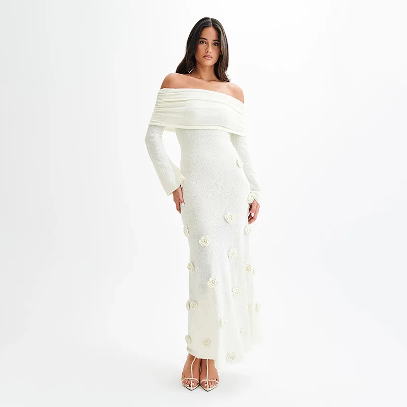 Robe Maxi Épaule Dénudée D8732 – Fleurs 3D Élégantes | Tricot Stretch Femme