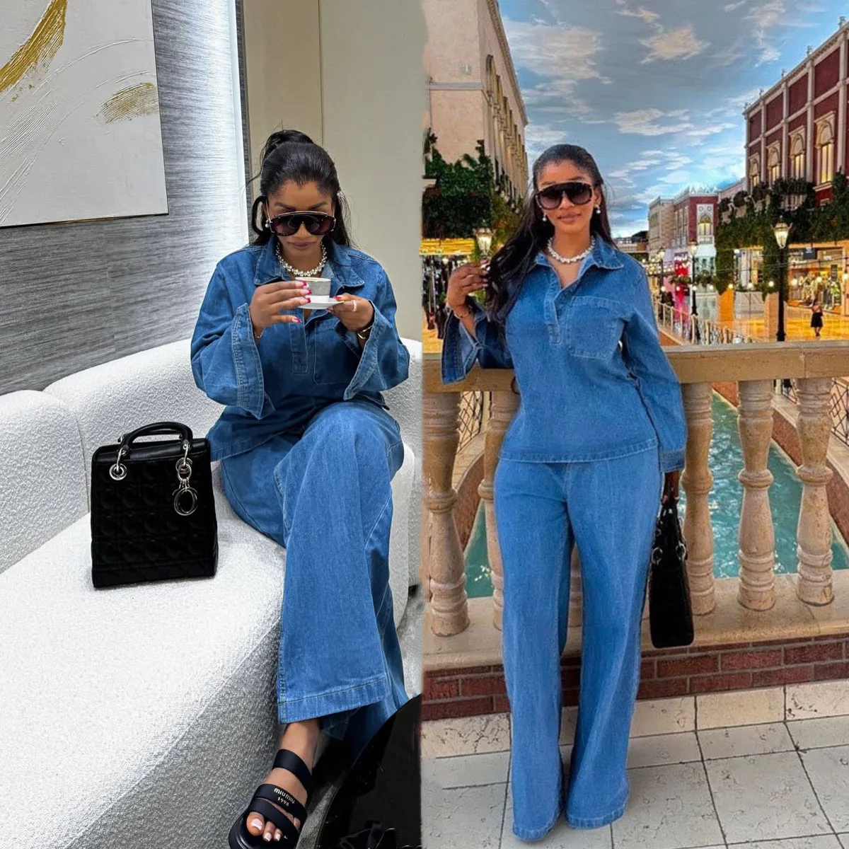 Ensemble jean femme Y6561 – Veste à revers & jean droit tendance | 4 couleurs